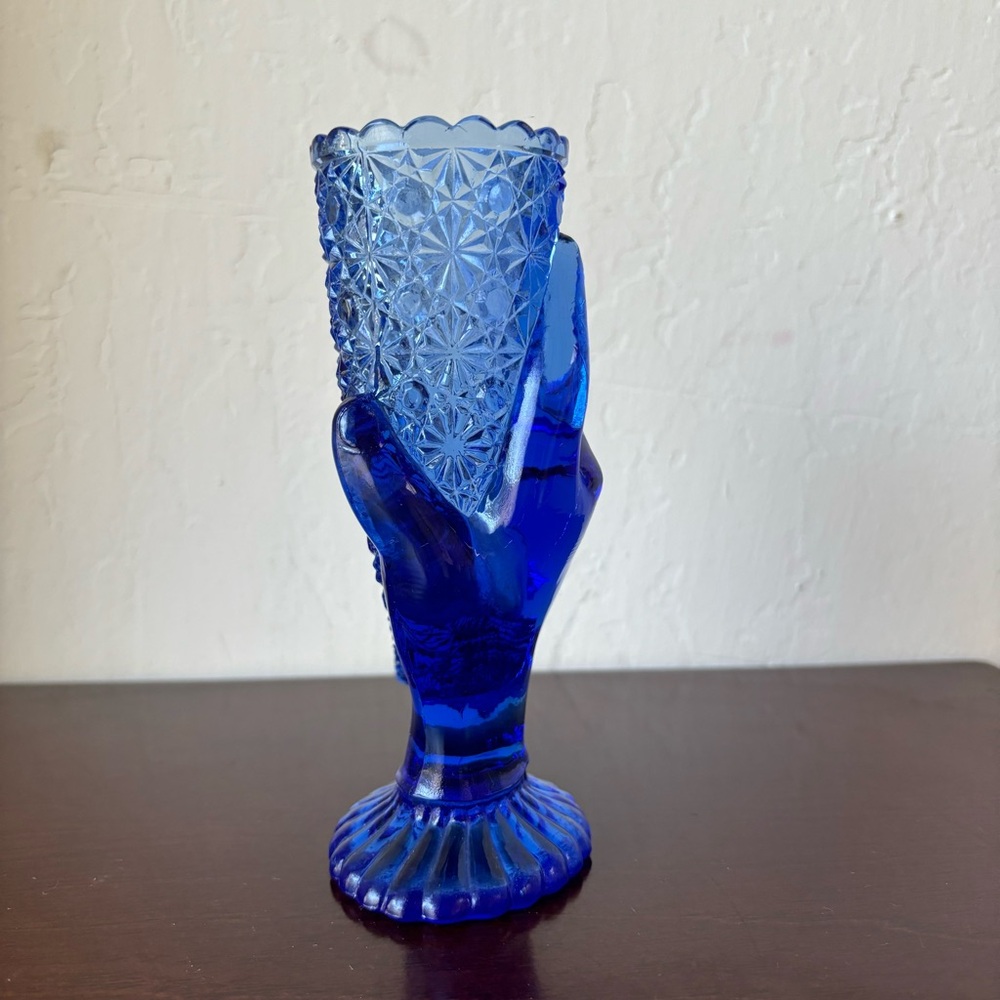 Antique Vintage Fenton Cobalt Blue Glass Daisy Hand Cornucopia Horn Plenty Vase - Picture 4 of 9